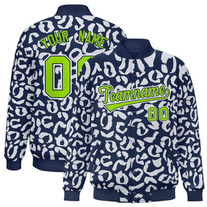 Custom Navy White Varsity Full-Snap Leopard Print Graffiti Pattern Letterman Baseball Jacket