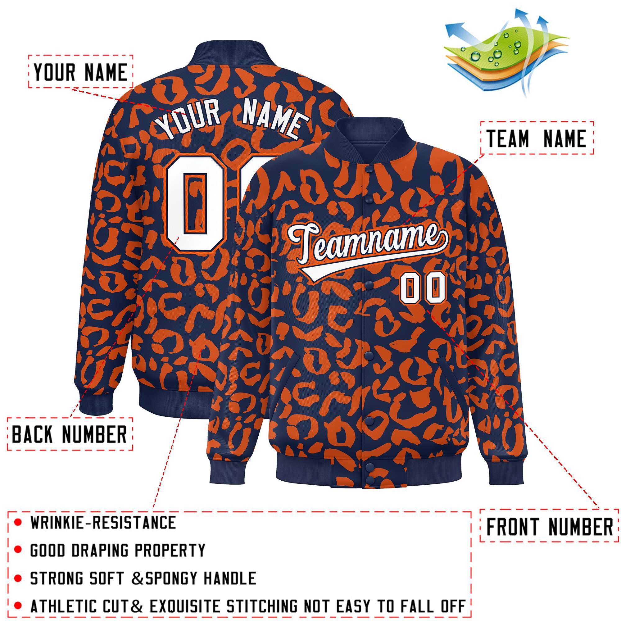 Custom Navy Orange Varsity Full-Snap Leopard Print Graffiti Pattern Letterman Baseball Jacket