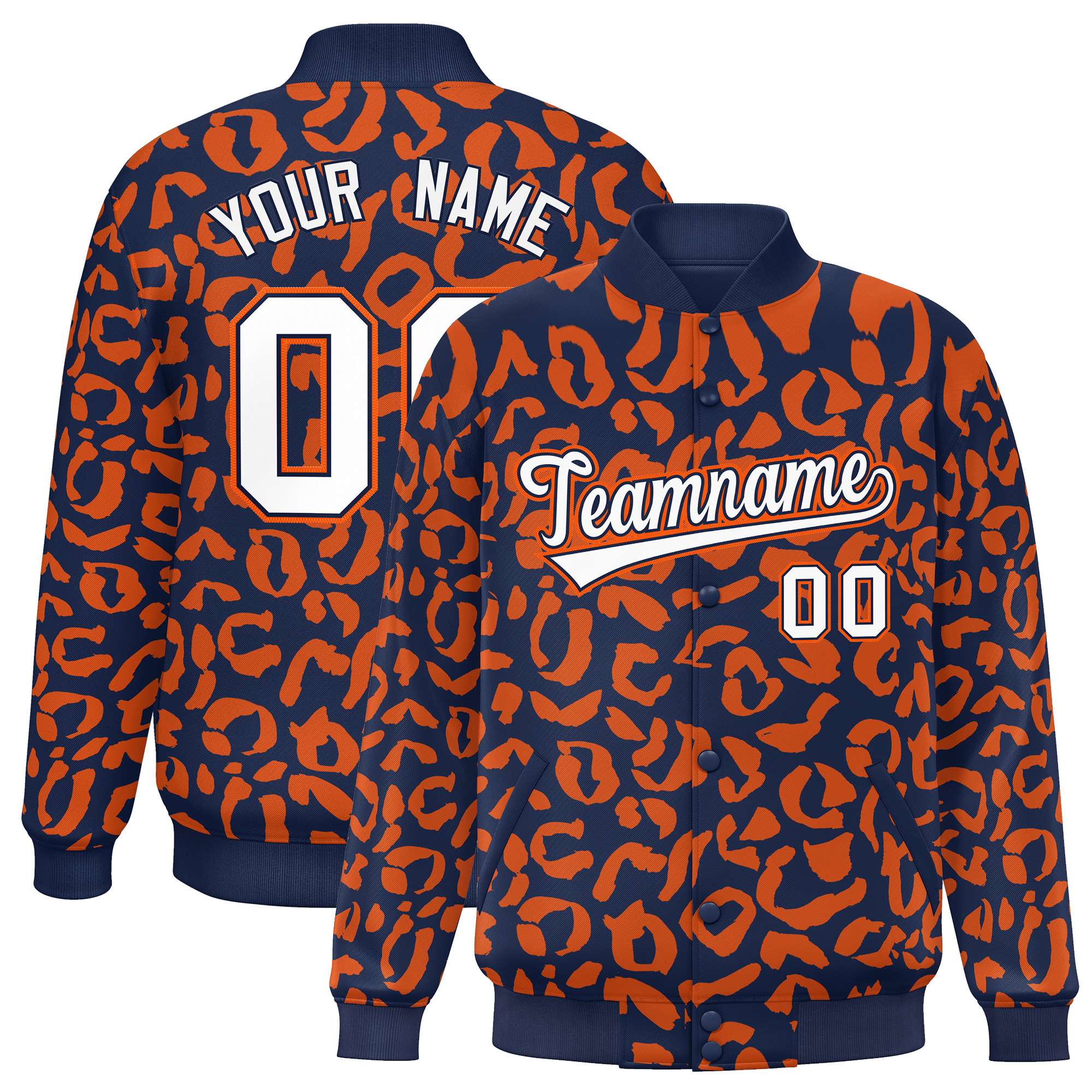 Custom Navy Orange Varsity Full-Snap Leopard Print Graffiti Pattern Letterman Baseball Jacket