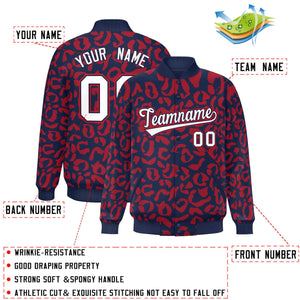 Custom Navy Red Varsity Full-Snap Leopard Print Graffiti Pattern Letterman Baseball Jacket