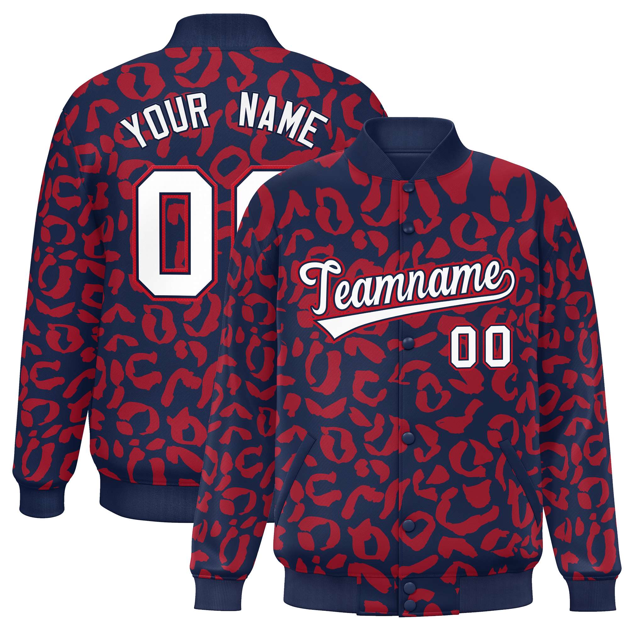 Custom Navy Red Varsity Full-Snap Leopard Print Graffiti Pattern Letterman Baseball Jacket