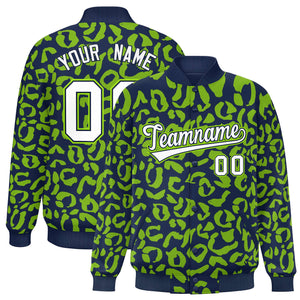 Custom Navy Neon Green Varsity Full-Snap Leopard Print Graffiti Pattern Letterman Baseball Jacket