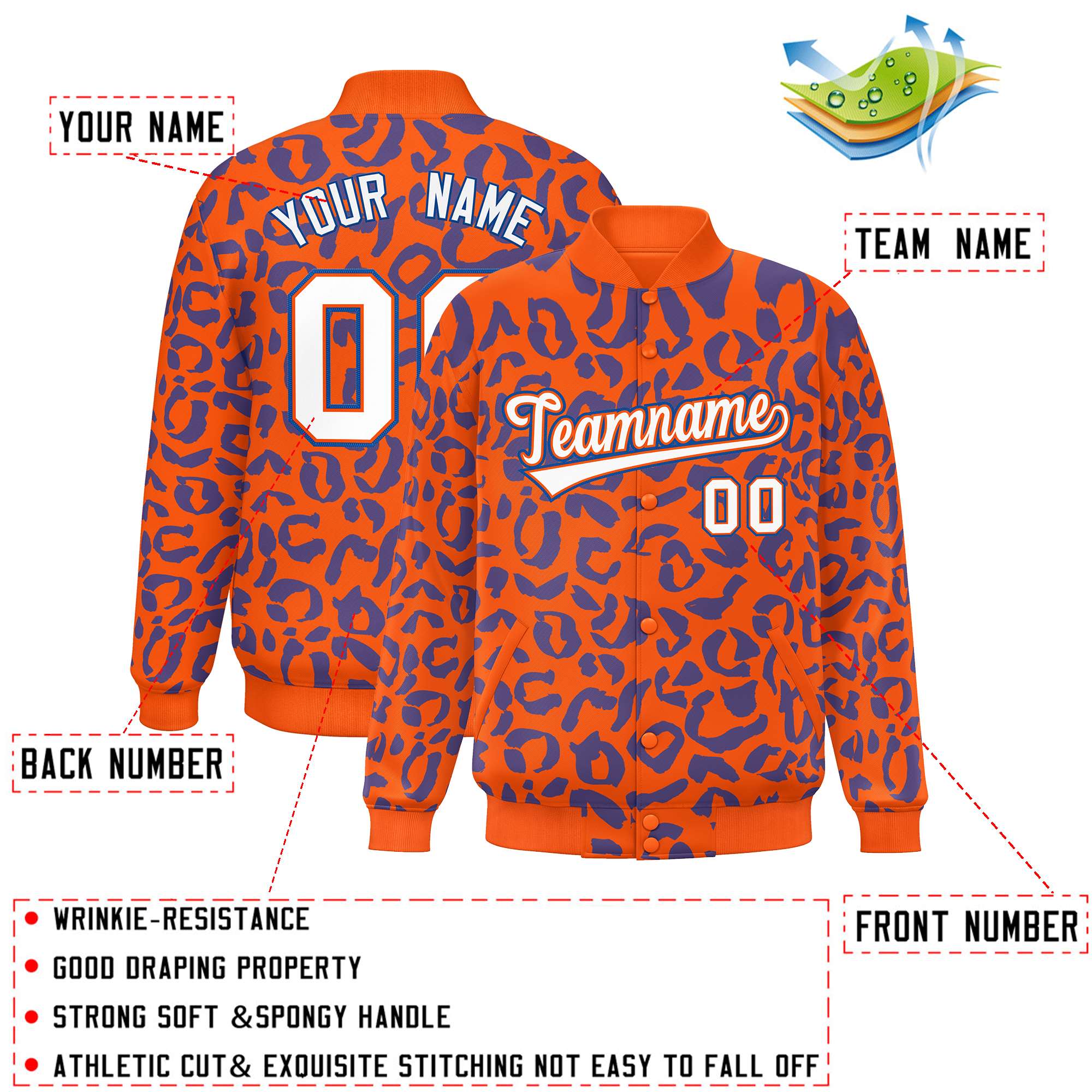 Custom Orange Royal Varsity Full-Snap Leopard Print Graffiti Pattern Letterman Baseball Jacket