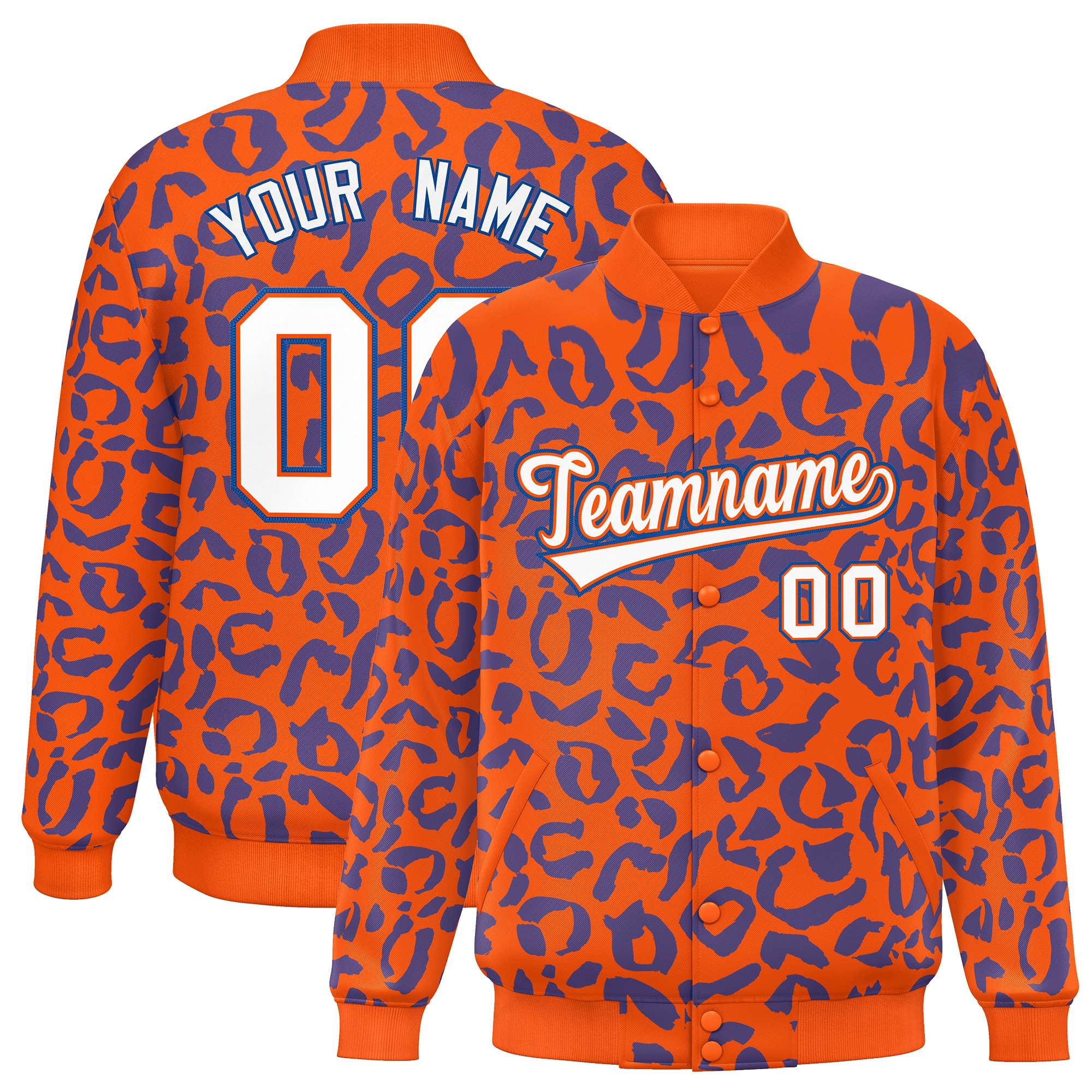 Custom Orange Royal Varsity Full-Snap Leopard Print Graffiti Pattern Letterman Baseball Jacket