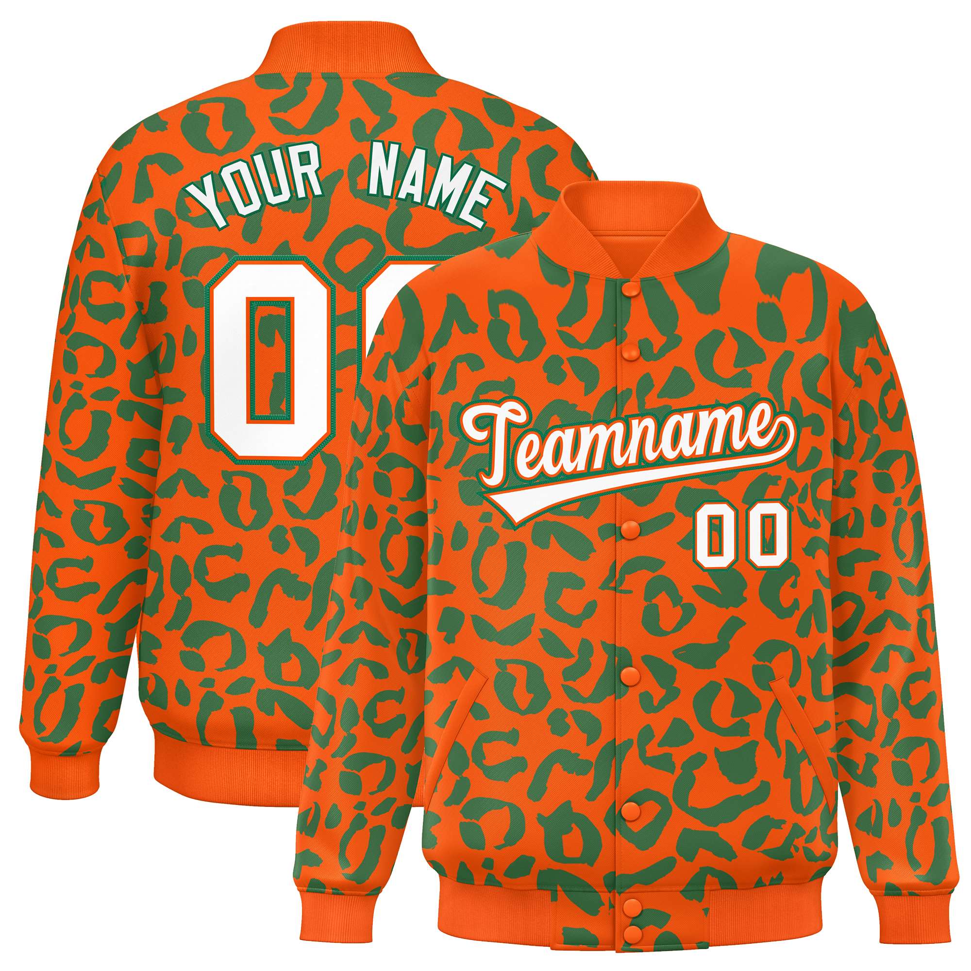 Custom Orange Kelly Green Varsity Full-Snap Leopard Print Graffiti Pattern Letterman Baseball Jacket