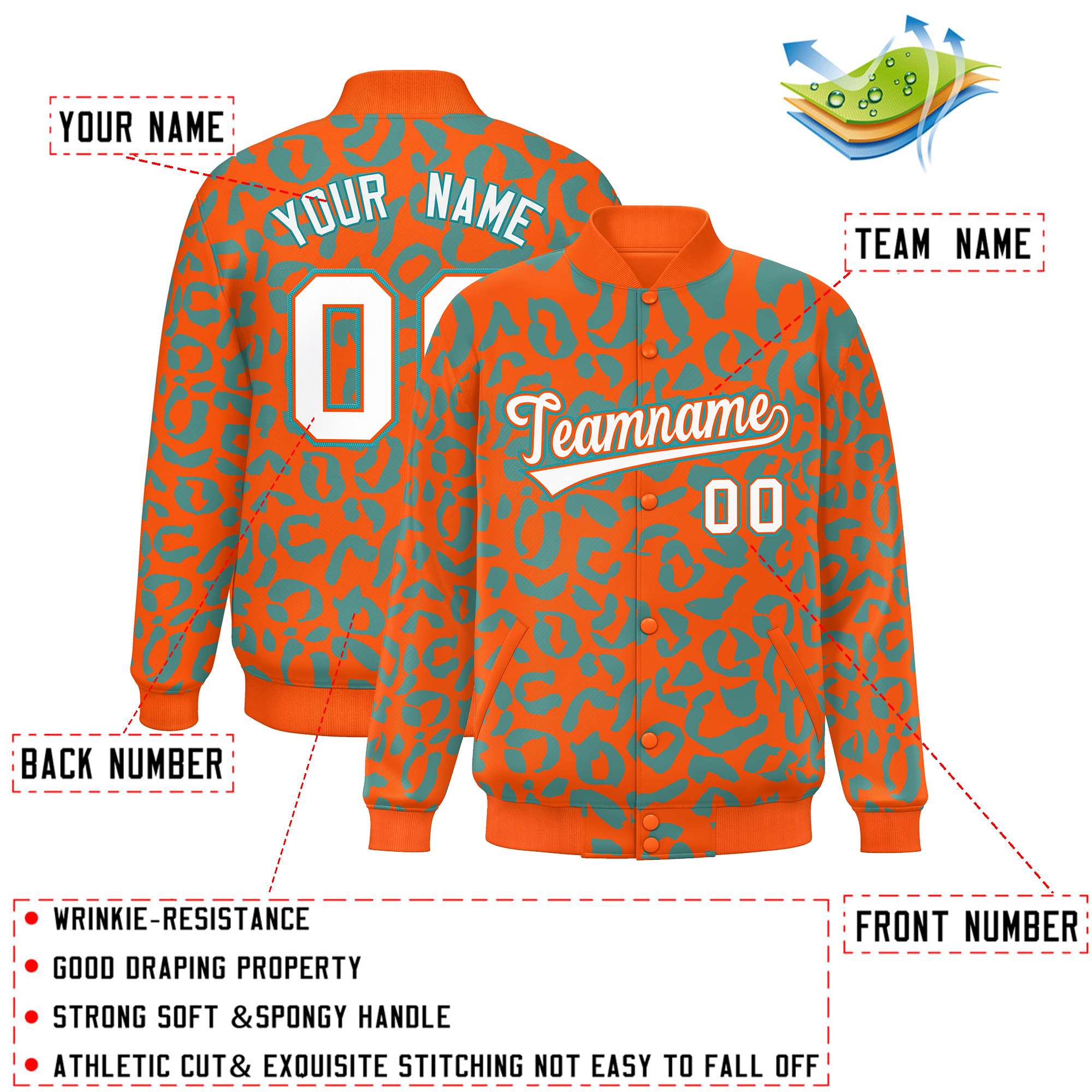 Custom Orange Aqua Varsity Full-Snap Leopard Print Graffiti Pattern Letterman Baseball Jacket