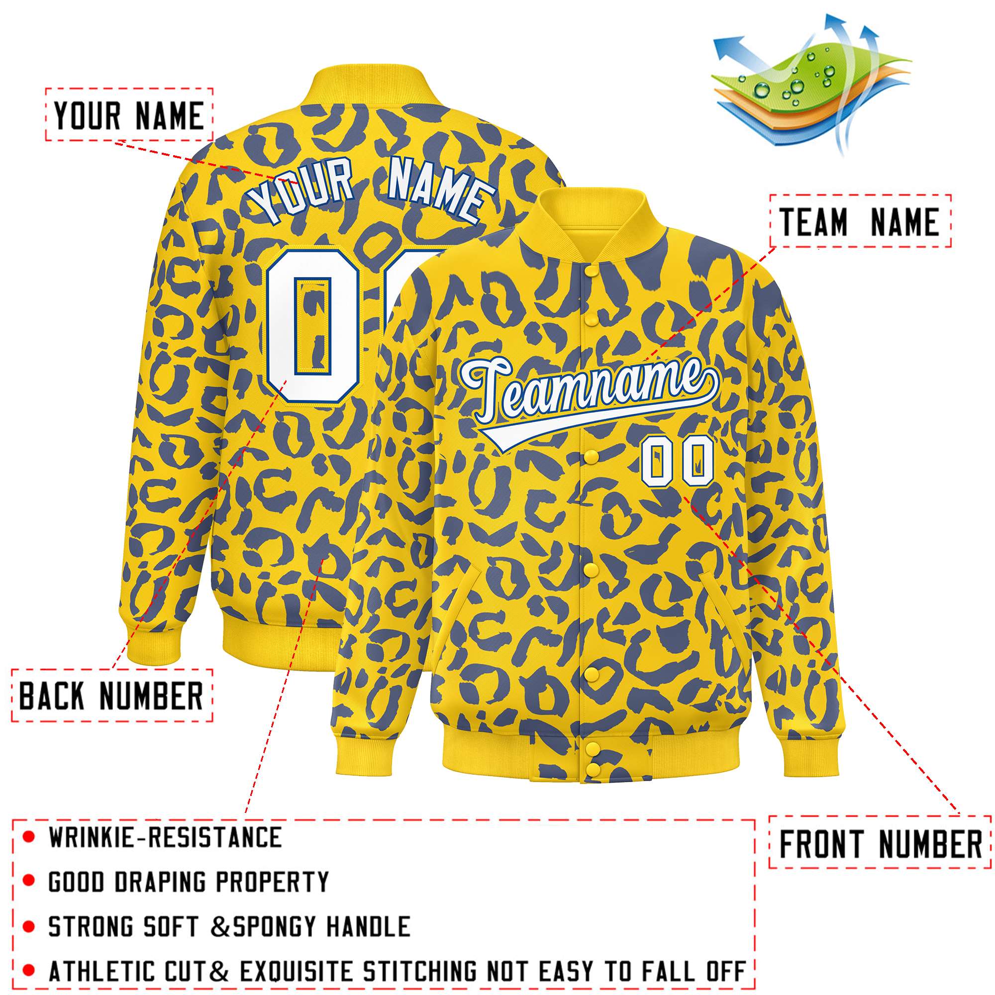 Custom Gold Royal Varsity Full-Snap Leopard Print Graffiti Pattern Letterman Baseball Jacket