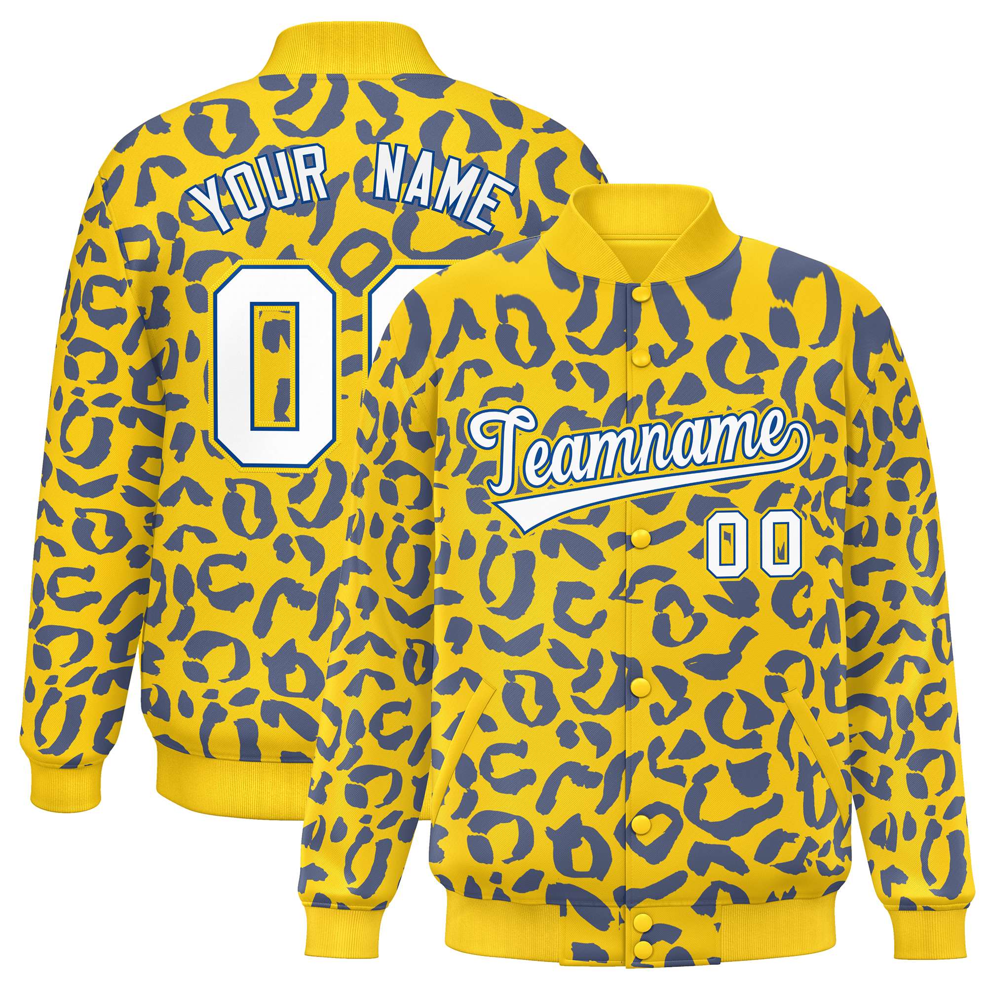 Custom Gold Royal Varsity Full-Snap Leopard Print Graffiti Pattern Letterman Baseball Jacket