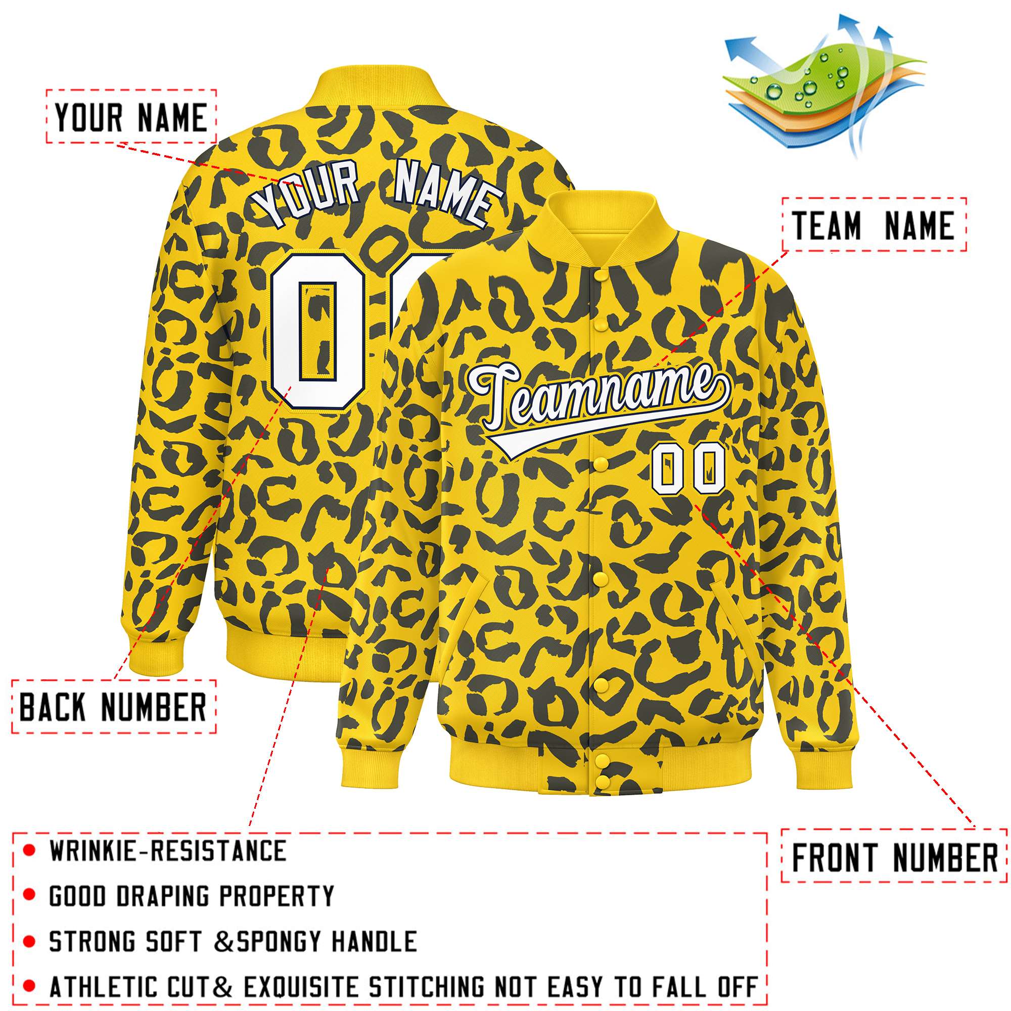 Custom Gold Navy Varsity Full-Snap Leopard Print Graffiti Pattern Letterman Baseball Jacket