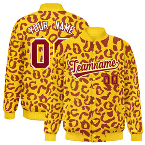 Custom Gold Crimson Varsity Full-Snap Leopard Print Graffiti Pattern Letterman Baseball Jacket