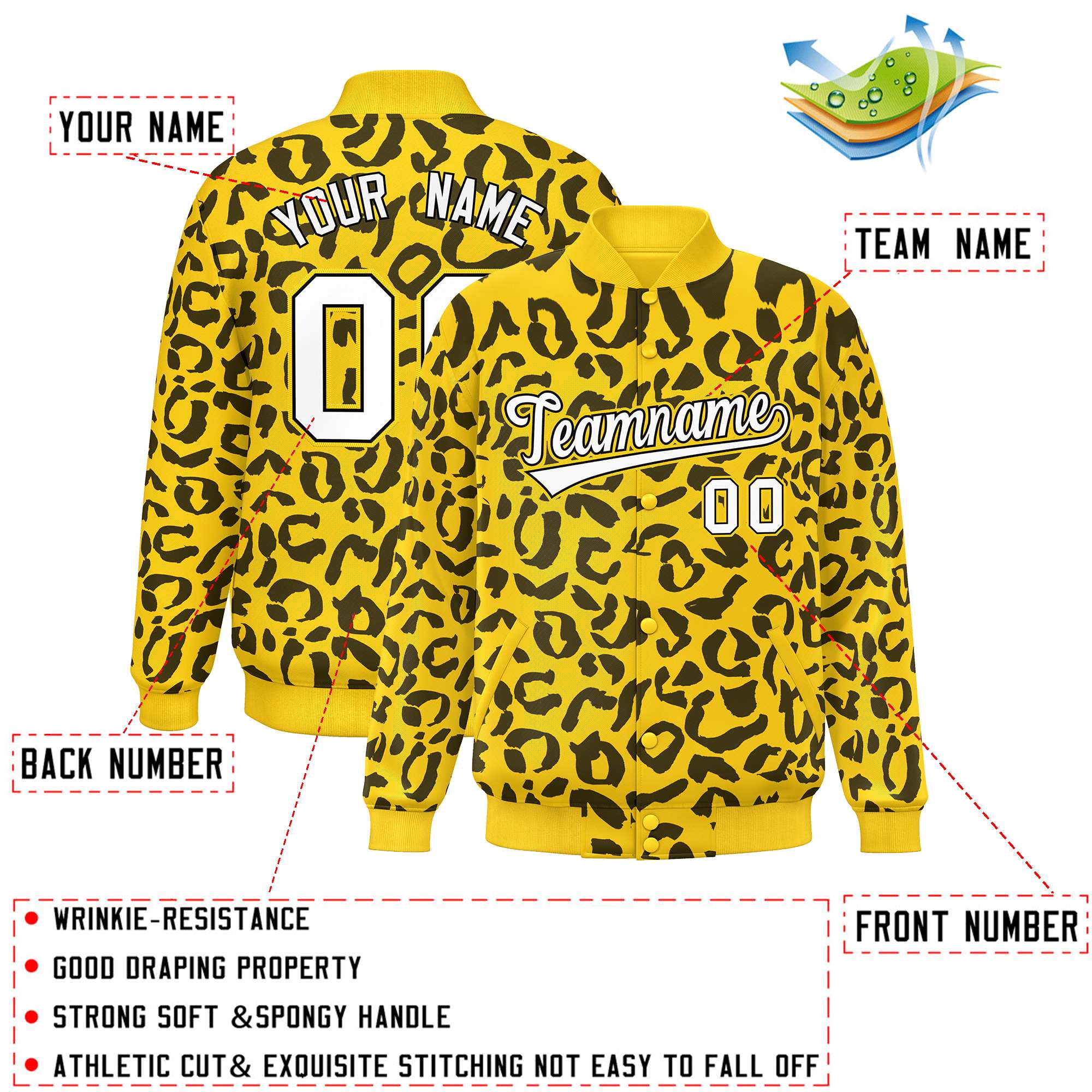 Custom Gold Black Varsity Full-Snap Leopard Print Graffiti Pattern Letterman Baseball Jacket