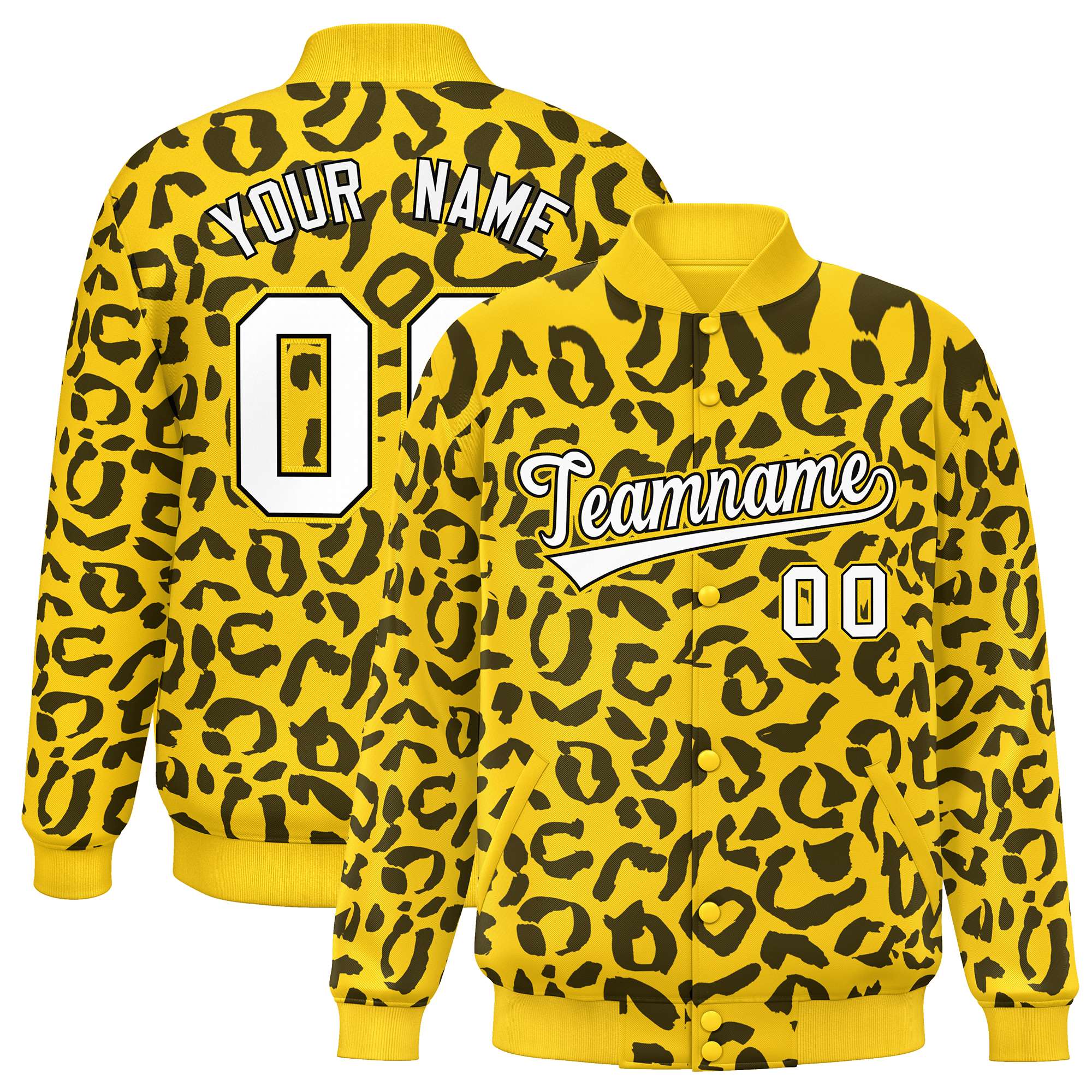 Custom Gold Black Varsity Full-Snap Leopard Print Graffiti Pattern Letterman Baseball Jacket