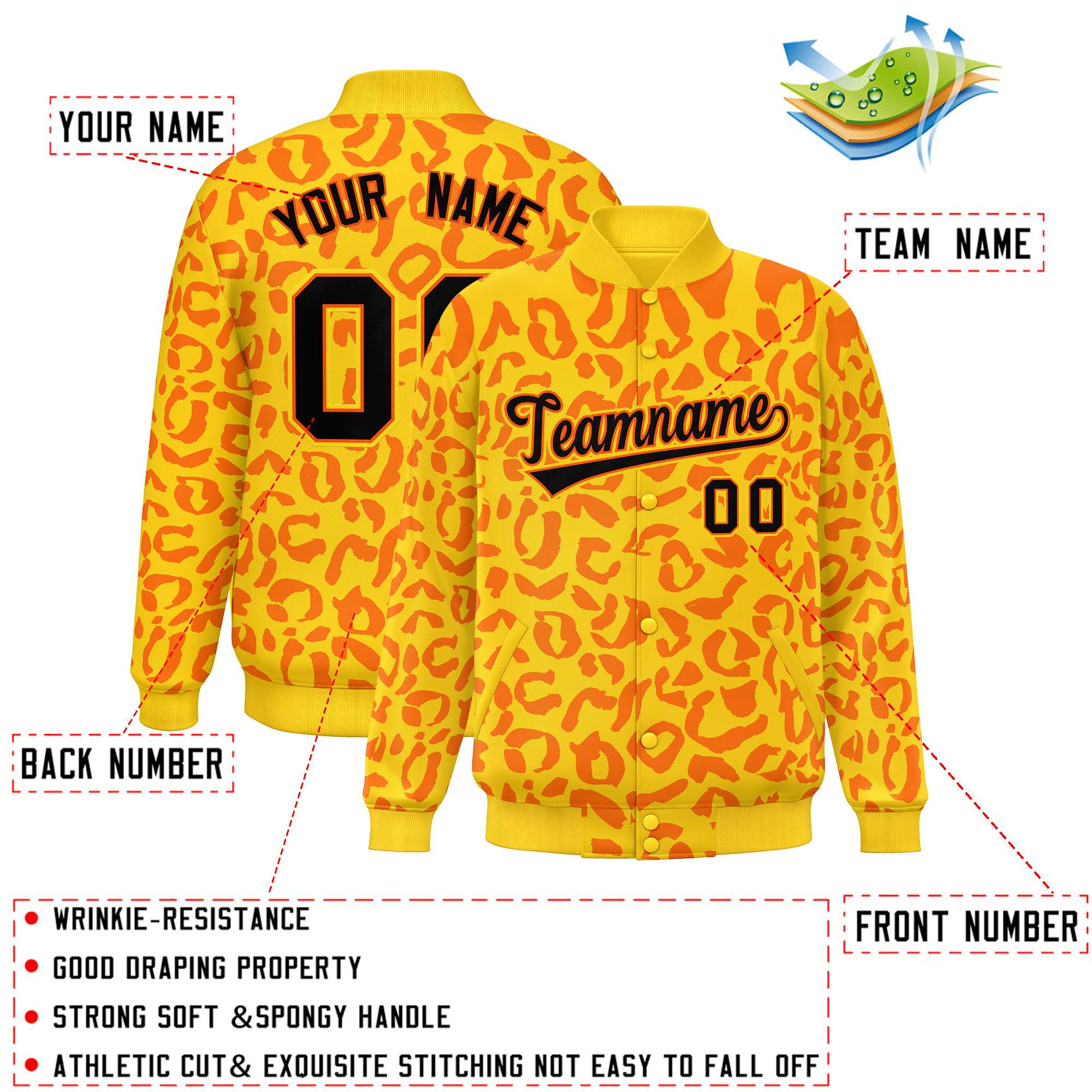 Custom Gold Orange Varsity Full-Snap Leopard Print Graffiti Pattern Letterman Baseball Jacket