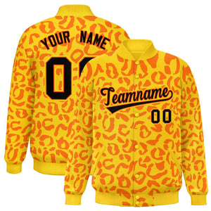 Custom Gold Orange Varsity Full-Snap Leopard Print Graffiti Pattern Letterman Baseball Jacket