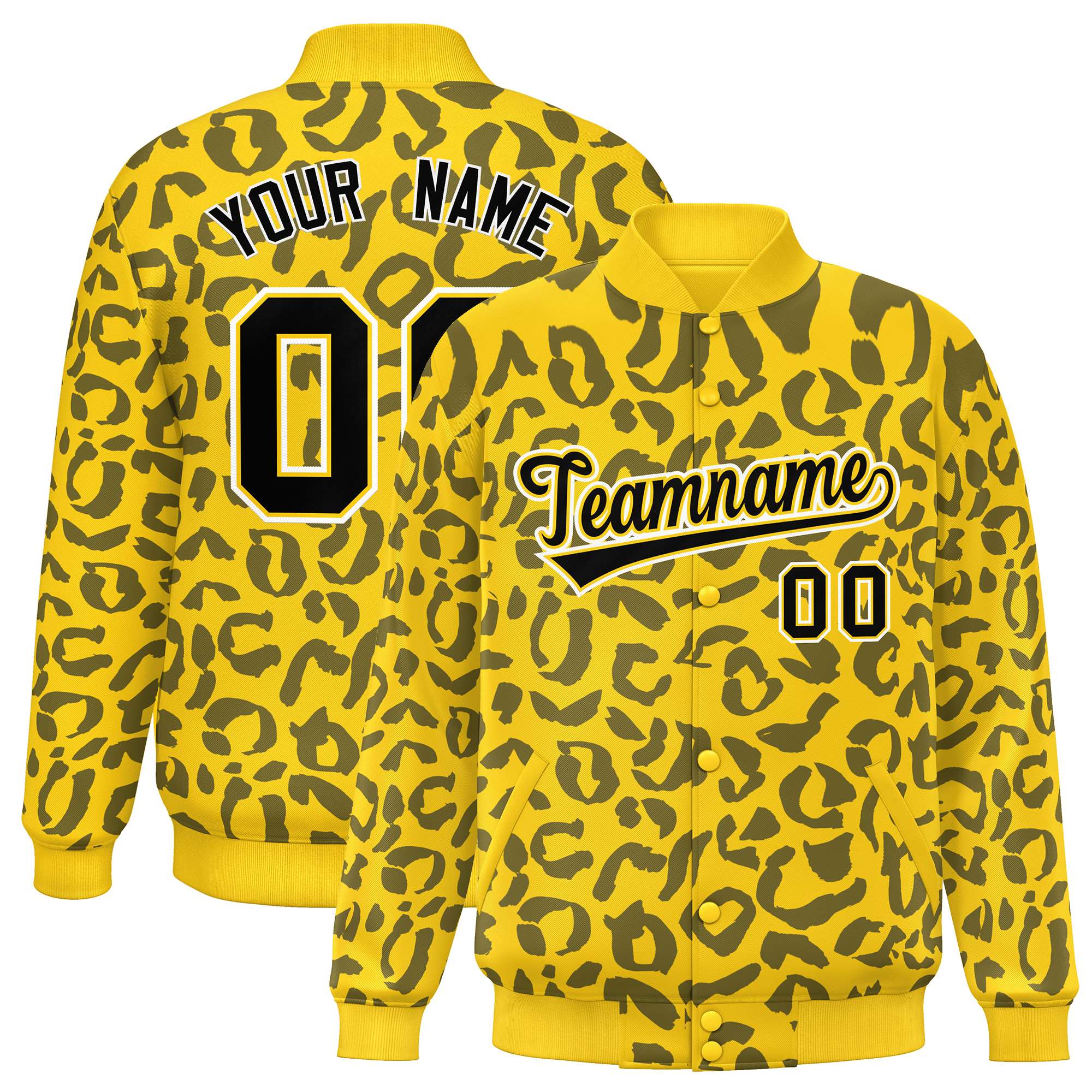 Custom Gold Black Varsity Full-Snap Leopard Print Graffiti Pattern Letterman Baseball Jacket