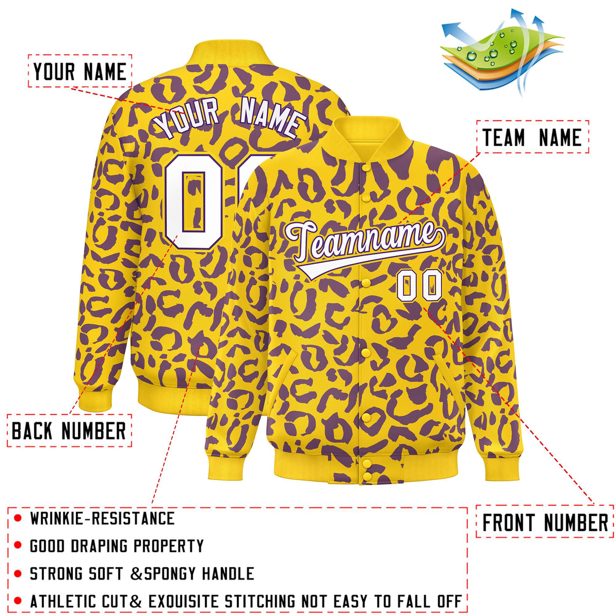 Custom Gold Purple Varsity Full-Snap Leopard Print Graffiti Pattern Letterman Baseball Jacket