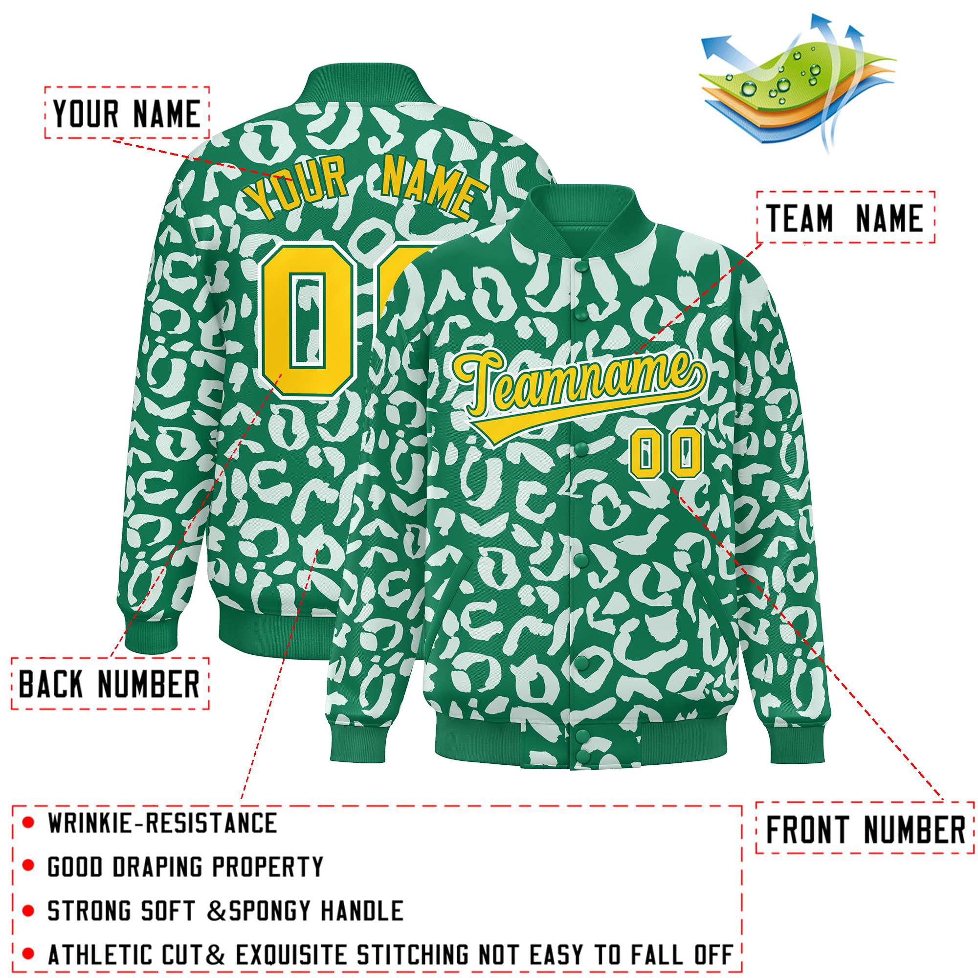 Custom Kelly Green White Varsity Full-Snap Leopard Print Graffiti Pattern Letterman Baseball Jacket