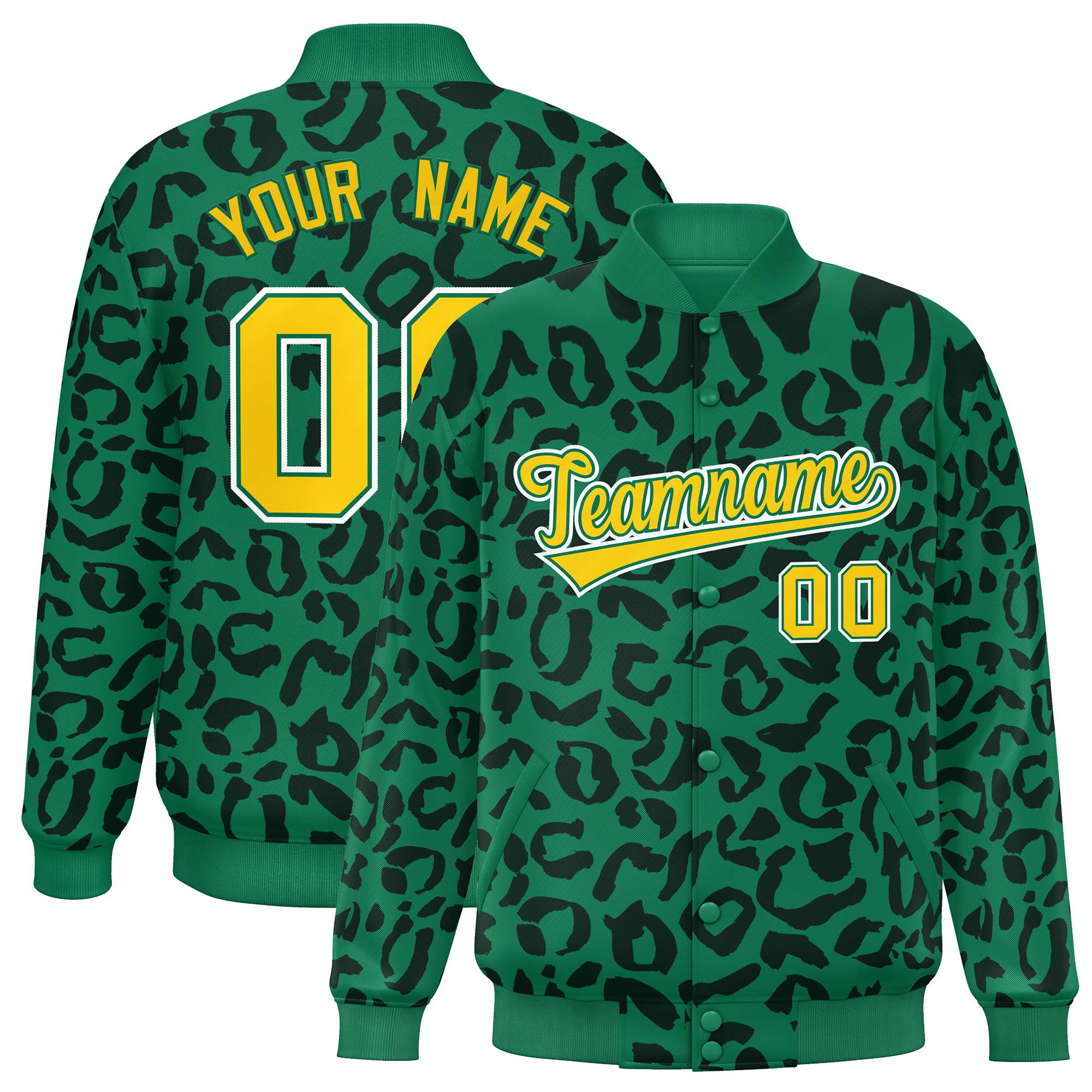 Custom Kelly Green Black Varsity Full-Snap Leopard Print Graffiti Pattern Letterman Baseball Jacket