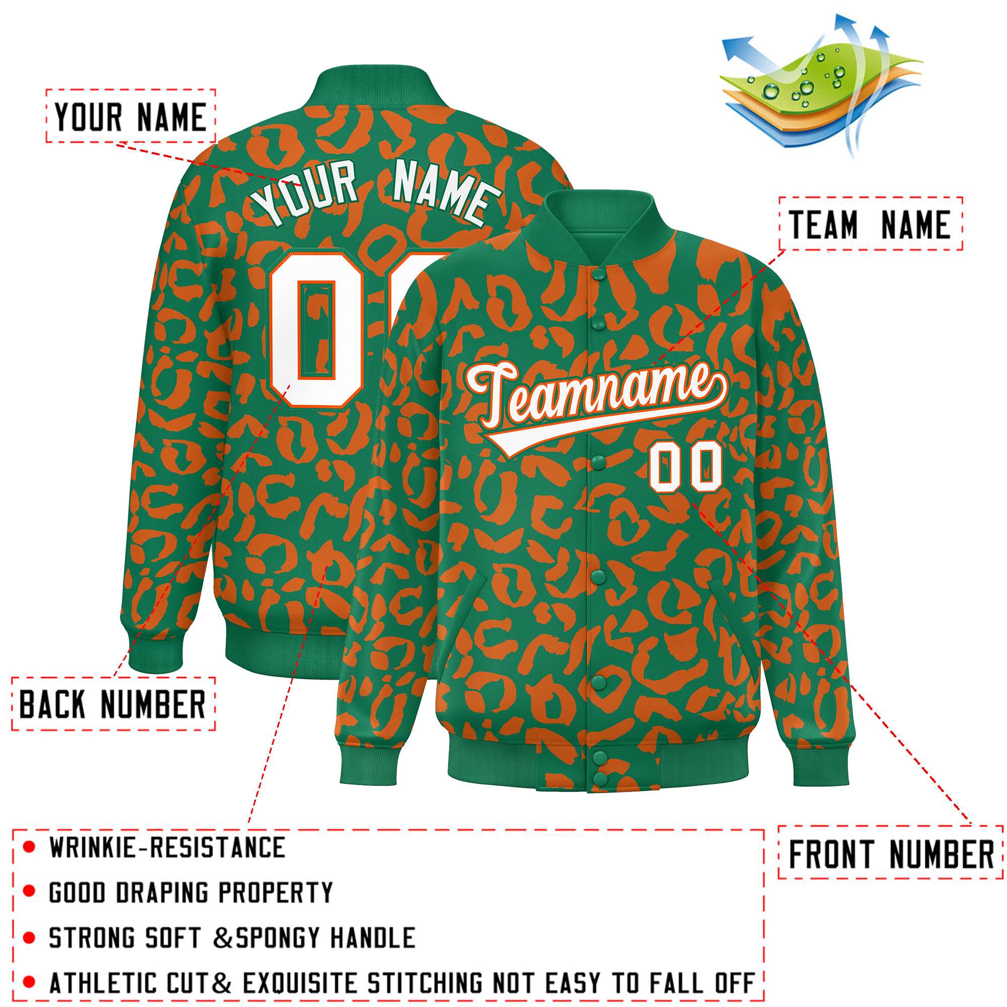 Custom Kelly Green Orange Varsity Full-Snap Leopard Print Graffiti Pattern Letterman Baseball Jacket