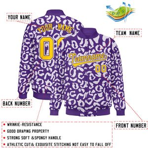 Custom Purple White Varsity Full-Snap Leopard Print Graffiti Pattern Letterman Baseball Jacket