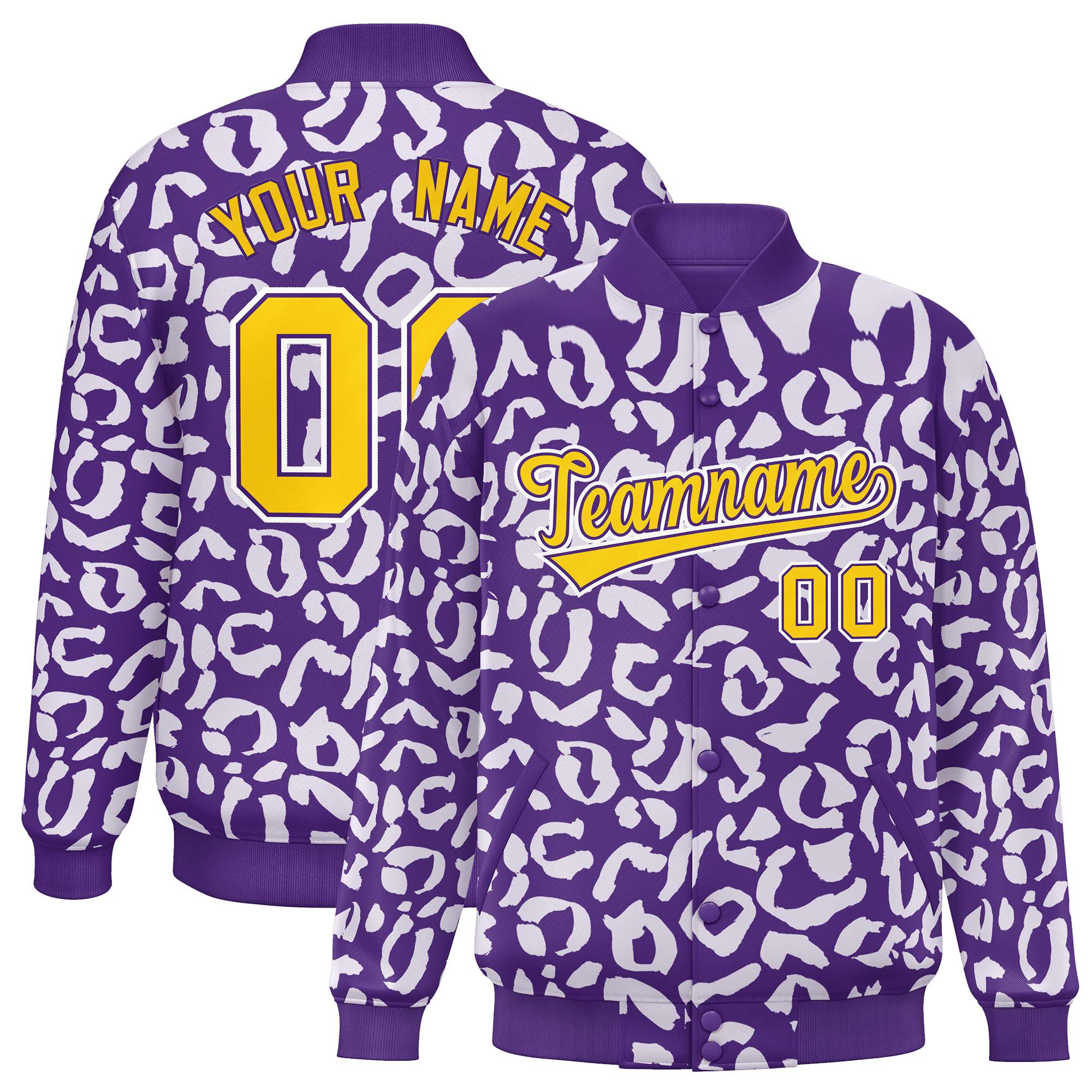 Custom Purple White Varsity Full-Snap Leopard Print Graffiti Pattern Letterman Baseball Jacket