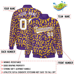 Custom Purple Gold Varsity Full-Snap Leopard Print Graffiti Pattern Letterman Baseball Jacket