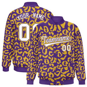 Custom Purple Gold Varsity Full-Snap Leopard Print Graffiti Pattern Letterman Baseball Jacket