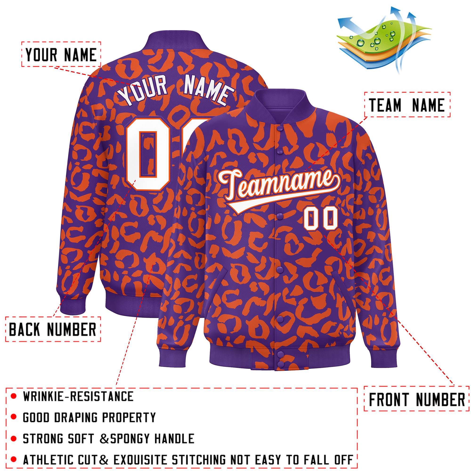 Custom Purple Orange Varsity Full-Snap Leopard Print Graffiti Pattern Letterman Baseball Jacket