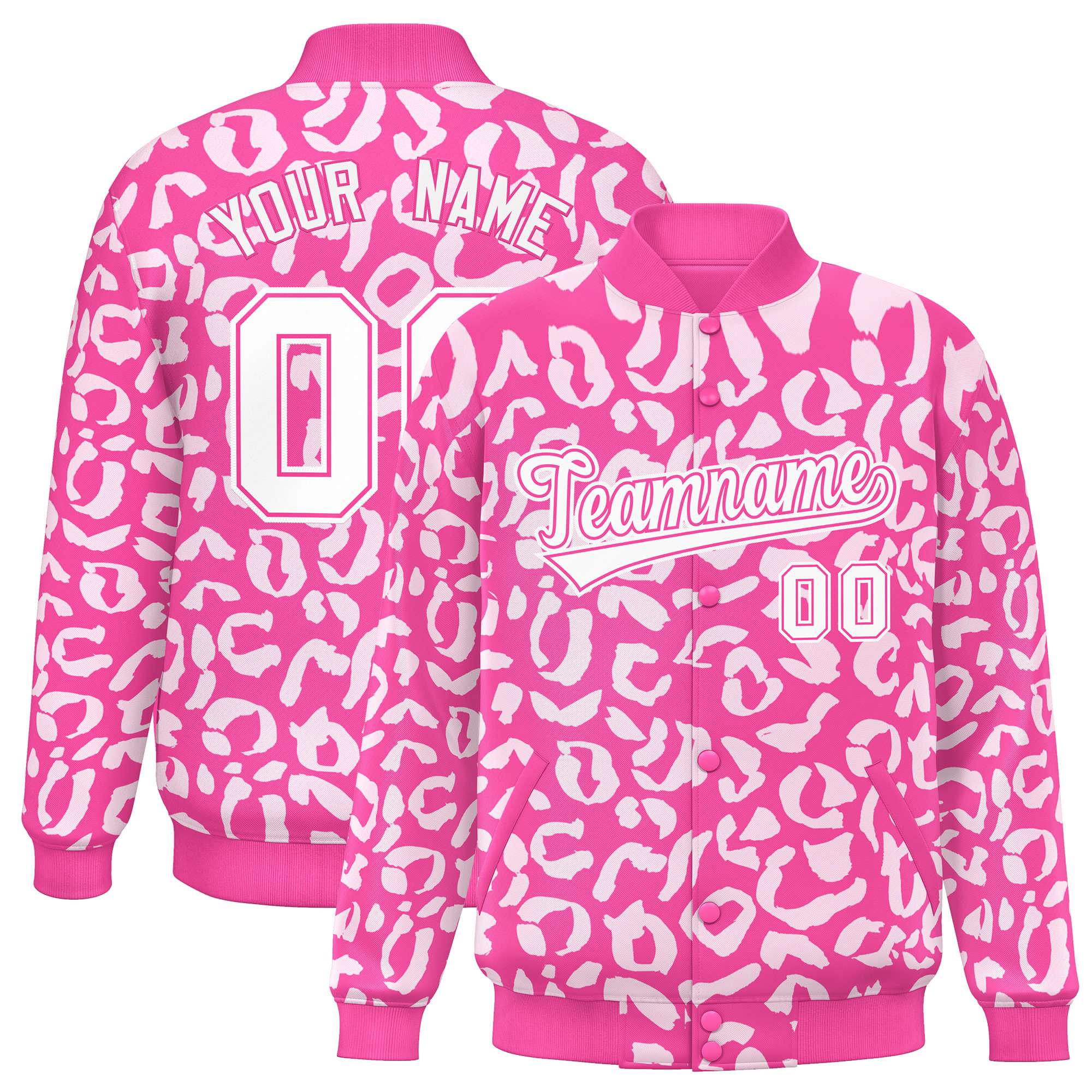 Custom Pink White Varsity Full-Snap Leopard Print Graffiti Pattern Letterman Baseball Jacket