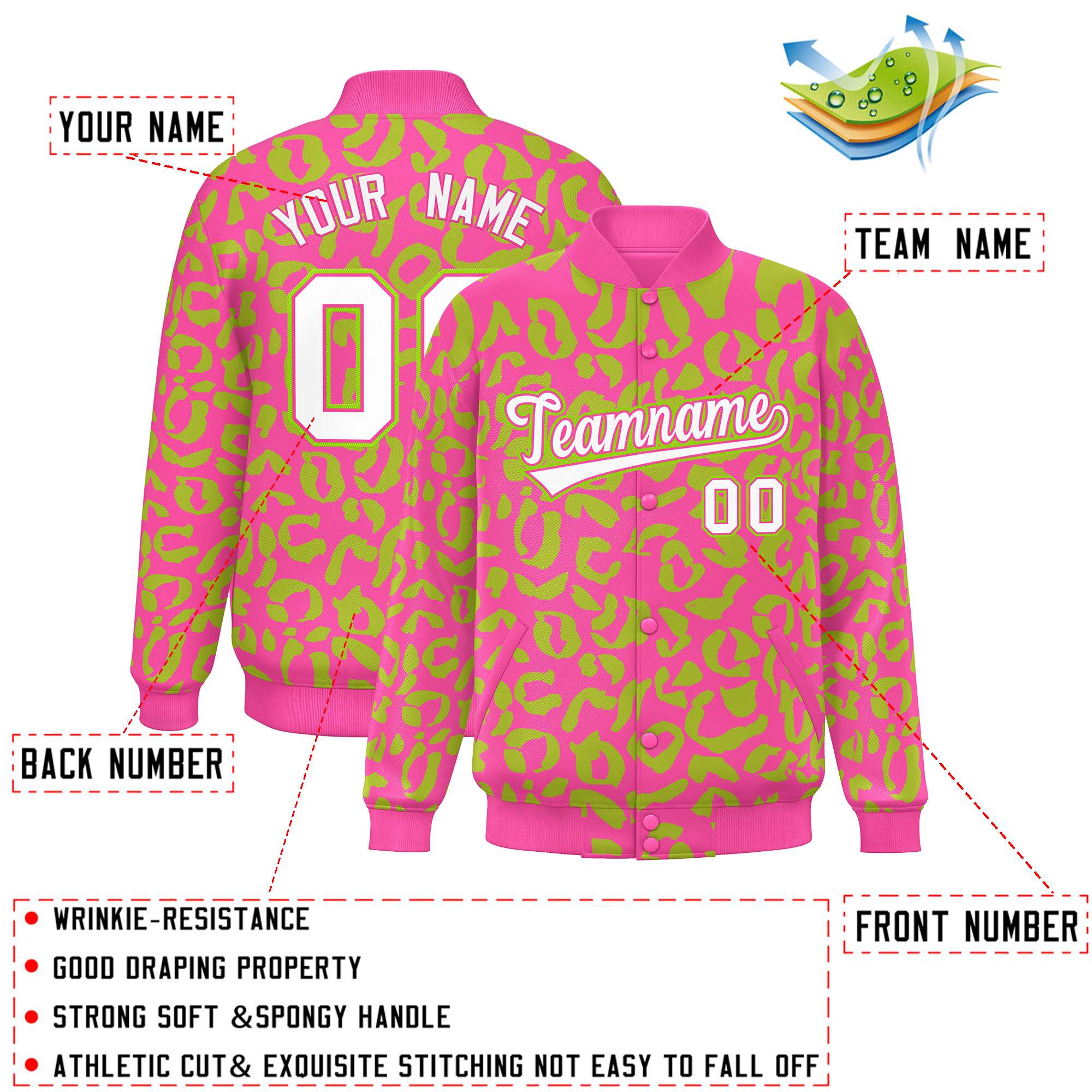 Custom Pink Neon Green Varsity Full-Snap Leopard Print Graffiti Pattern Letterman Baseball Jacket