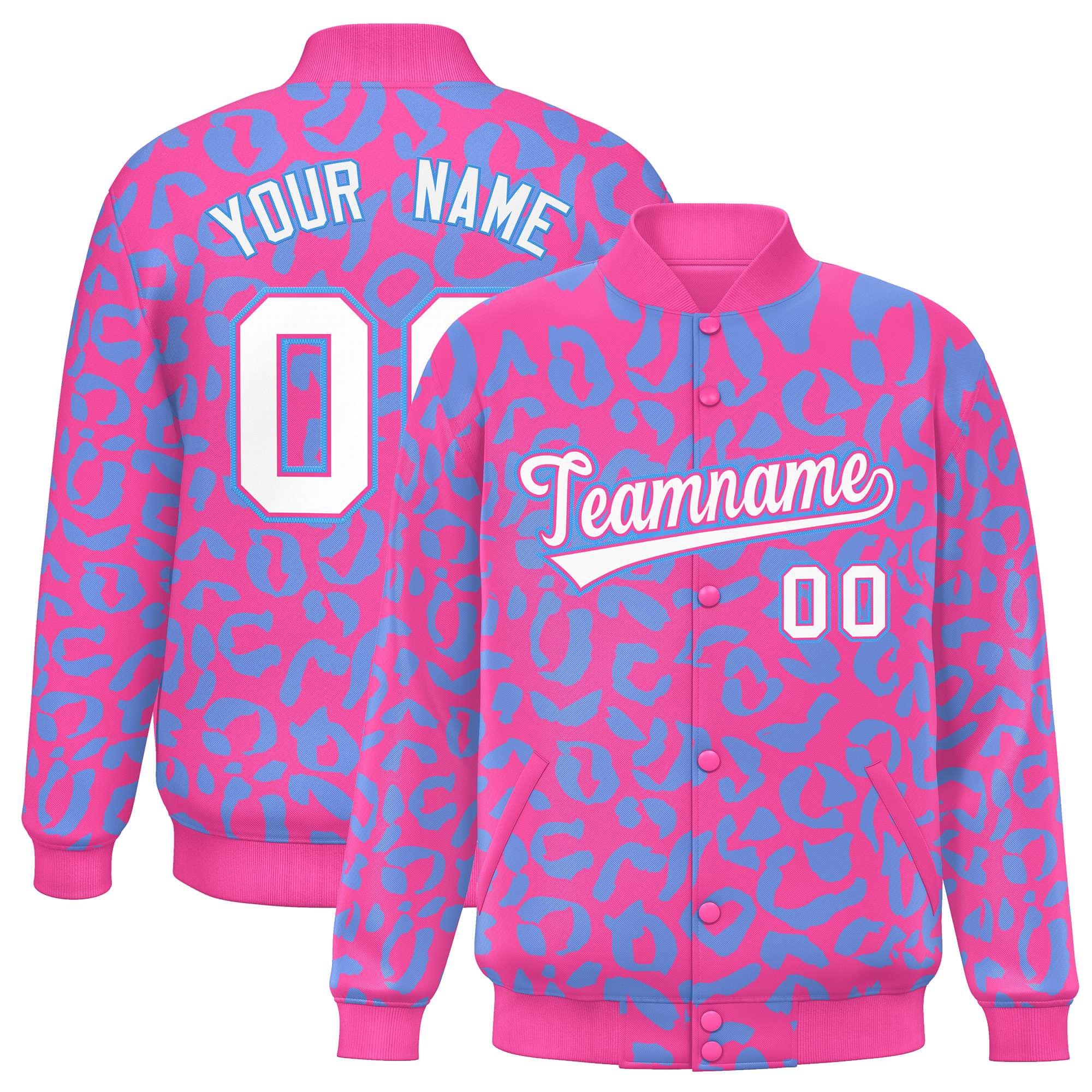 Custom Pink Powder Blue Varsity Full-Snap Leopard Print Graffiti Pattern Letterman Baseball Jacket