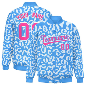 Custom Powder Blue White Varsity Full-Snap Leopard Print Graffiti Pattern Letterman Baseball Jacket