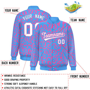 Custom Powder Blue Pink Varsity Full-Snap Leopard Print Graffiti Pattern Letterman Baseball Jacket