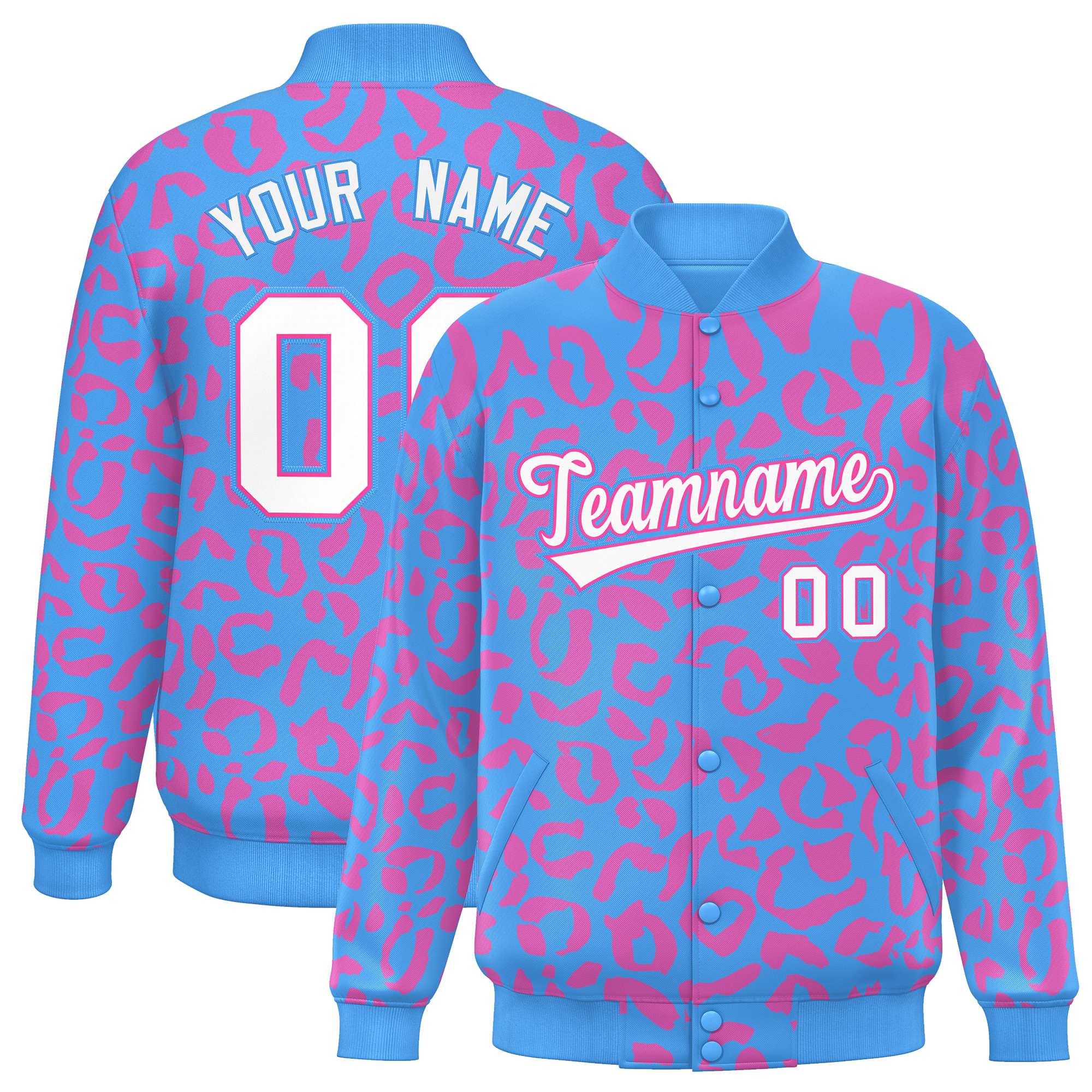 Custom Powder Blue Pink Varsity Full-Snap Leopard Print Graffiti Pattern Letterman Baseball Jacket