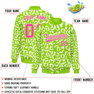 Custom Neon Green White Varsity Full-Snap Leopard Print Graffiti Pattern Letterman Baseball Jacket