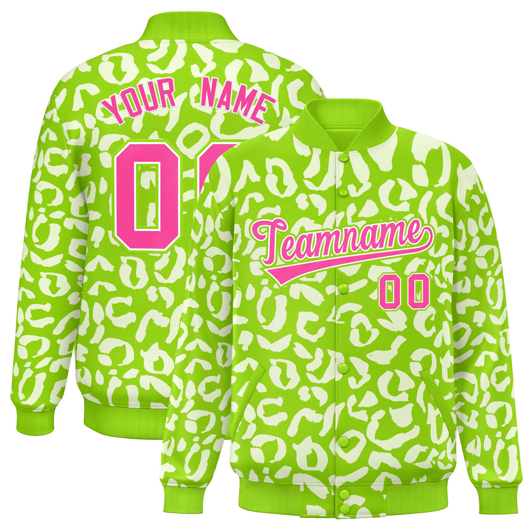 Custom Neon Green White Varsity Full-Snap Leopard Print Graffiti Pattern Letterman Baseball Jacket