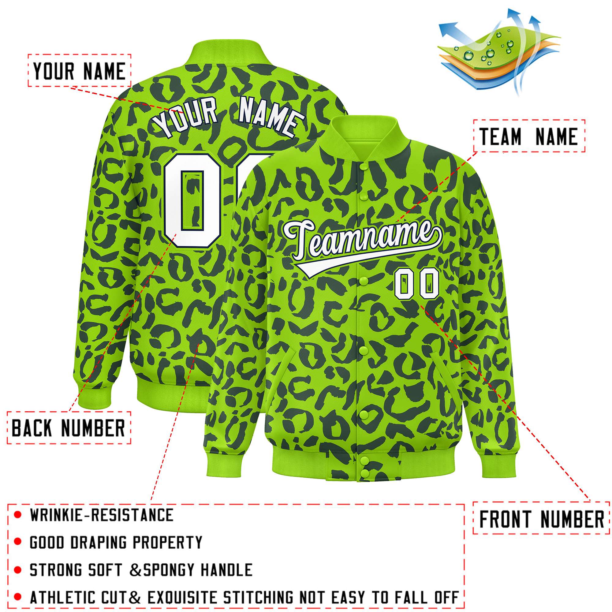 Custom Neon Green Navy Varsity Full-Snap Leopard Print Graffiti Pattern Letterman Baseball Jacket