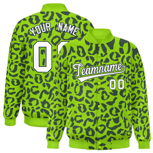 Custom Neon Green Navy Varsity Full-Snap Leopard Print Graffiti Pattern Letterman Baseball Jacket