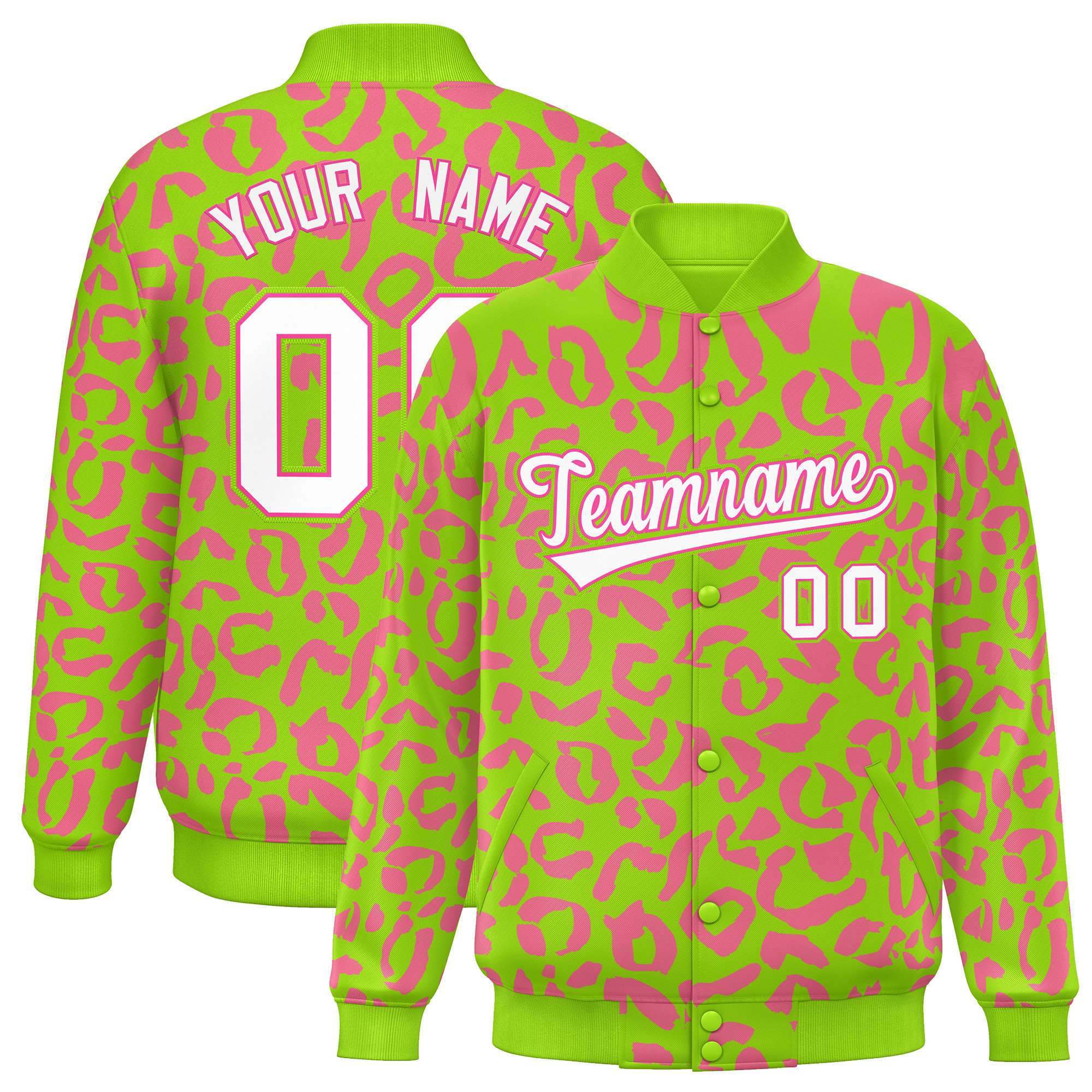 Custom Neon Green Pink Varsity Full-Snap Leopard Print Graffiti Pattern Letterman Baseball Jacket