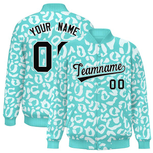 Custom Bright Green White Varsity Full-Snap Leopard Print Graffiti Pattern Letterman Baseball Jacket