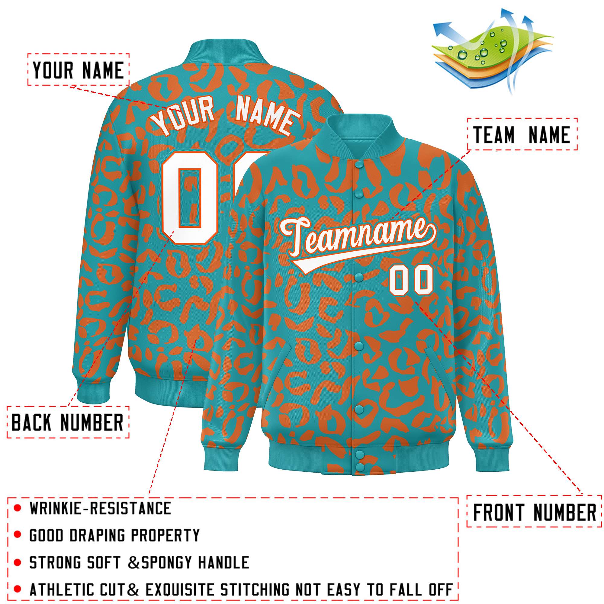 Custom Aqua Orange Varsity Full-Snap Leopard Print Graffiti Pattern Letterman Baseball Jacket