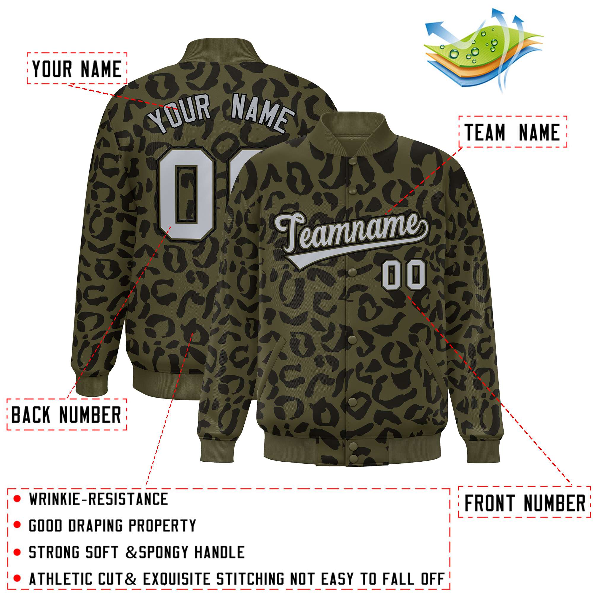 Custom Olive Black Varsity Full-Snap Leopard Print Graffiti Pattern Letterman Baseball Jacket