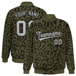 Custom Olive Black Varsity Full-Snap Leopard Print Graffiti Pattern Letterman Baseball Jacket