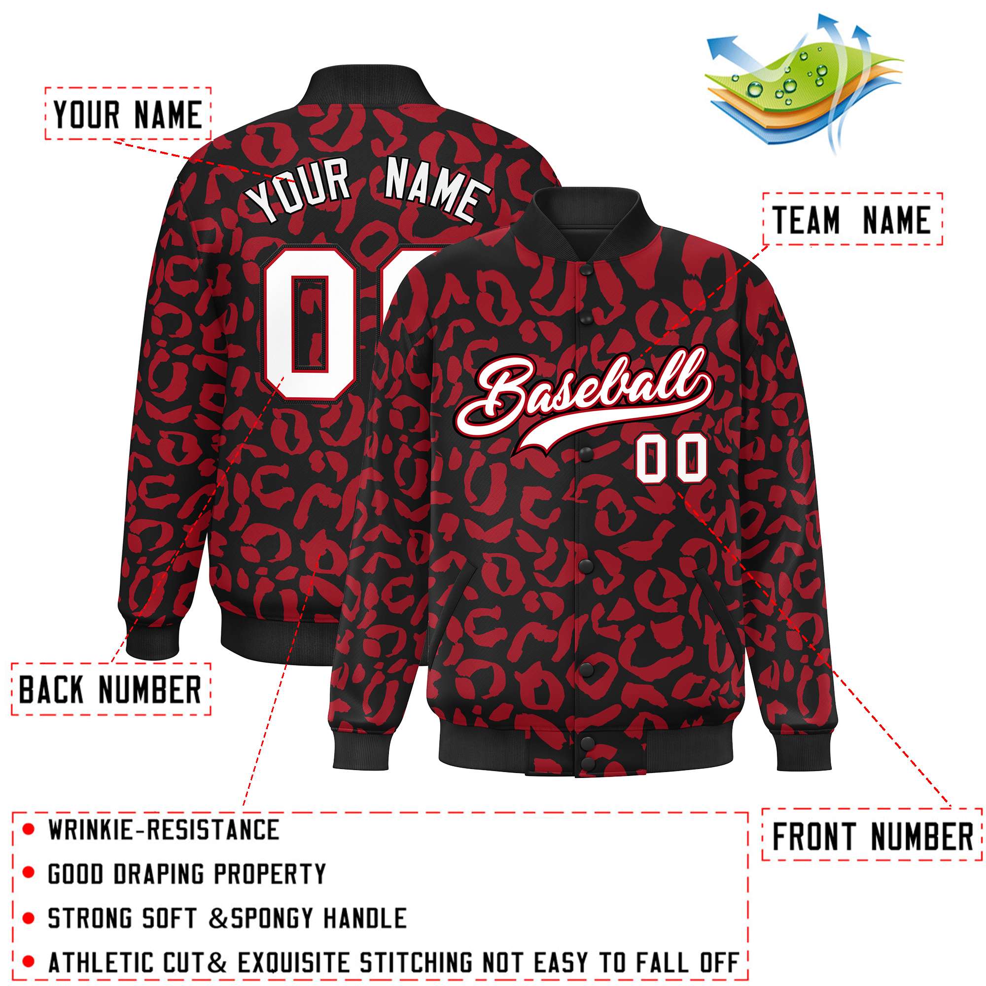 Custom Black Red Varsity Full-Snap Leopard Print Graffiti Pattern Letterman Baseball Jacket