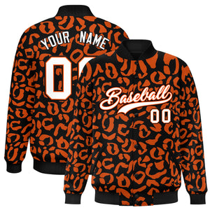 Custom Black Orange Varsity Full-Snap Leopard Print Graffiti Pattern Letterman Baseball Jacket