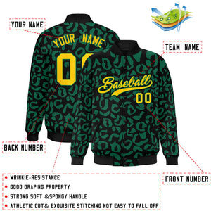 Custom Black Kelly Green Varsity Full-Snap Leopard Print Graffiti Pattern Letterman Baseball Jacket