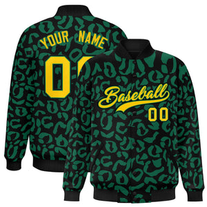 Custom Black Kelly Green Varsity Full-Snap Leopard Print Graffiti Pattern Letterman Baseball Jacket