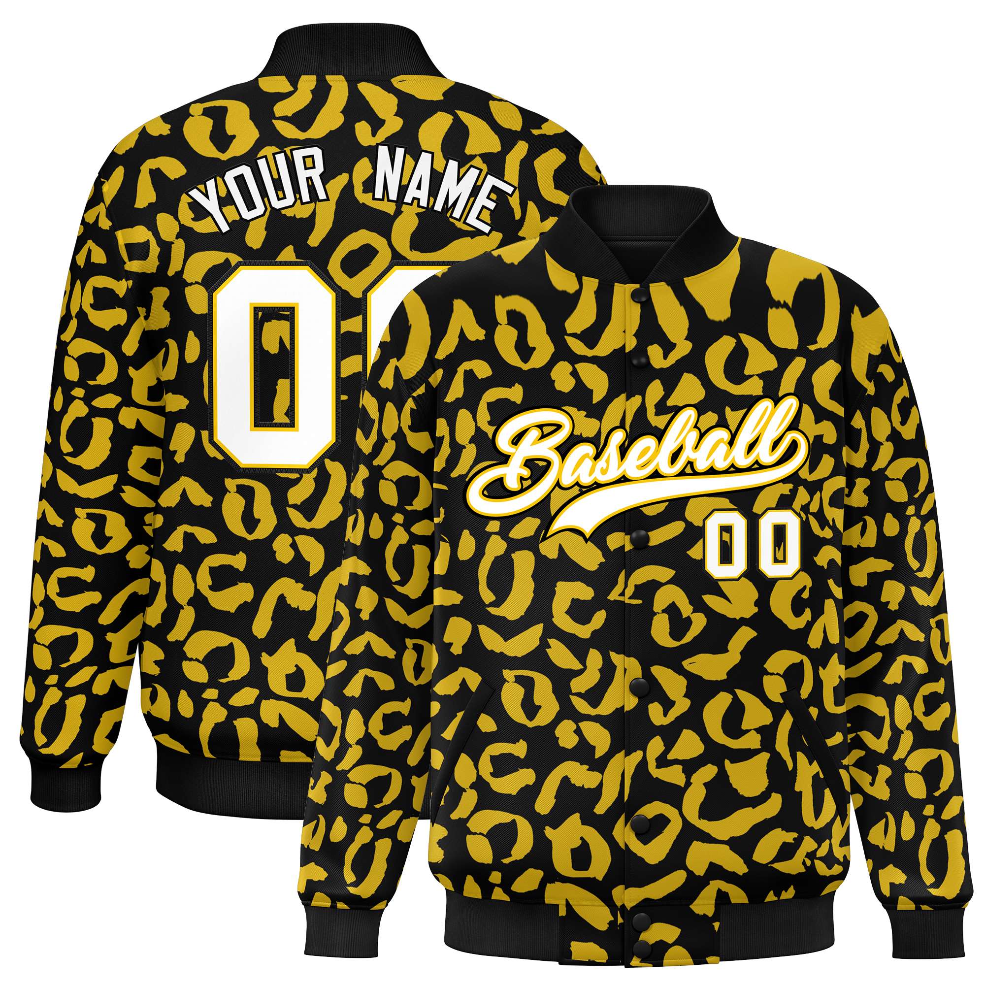 Custom Black Gold Varsity Full-Snap Leopard Print Graffiti Pattern Letterman Baseball Jacket