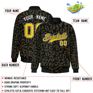 Custom Black Olive Varsity Full-Snap Leopard Print Graffiti Pattern Letterman Baseball Jacket