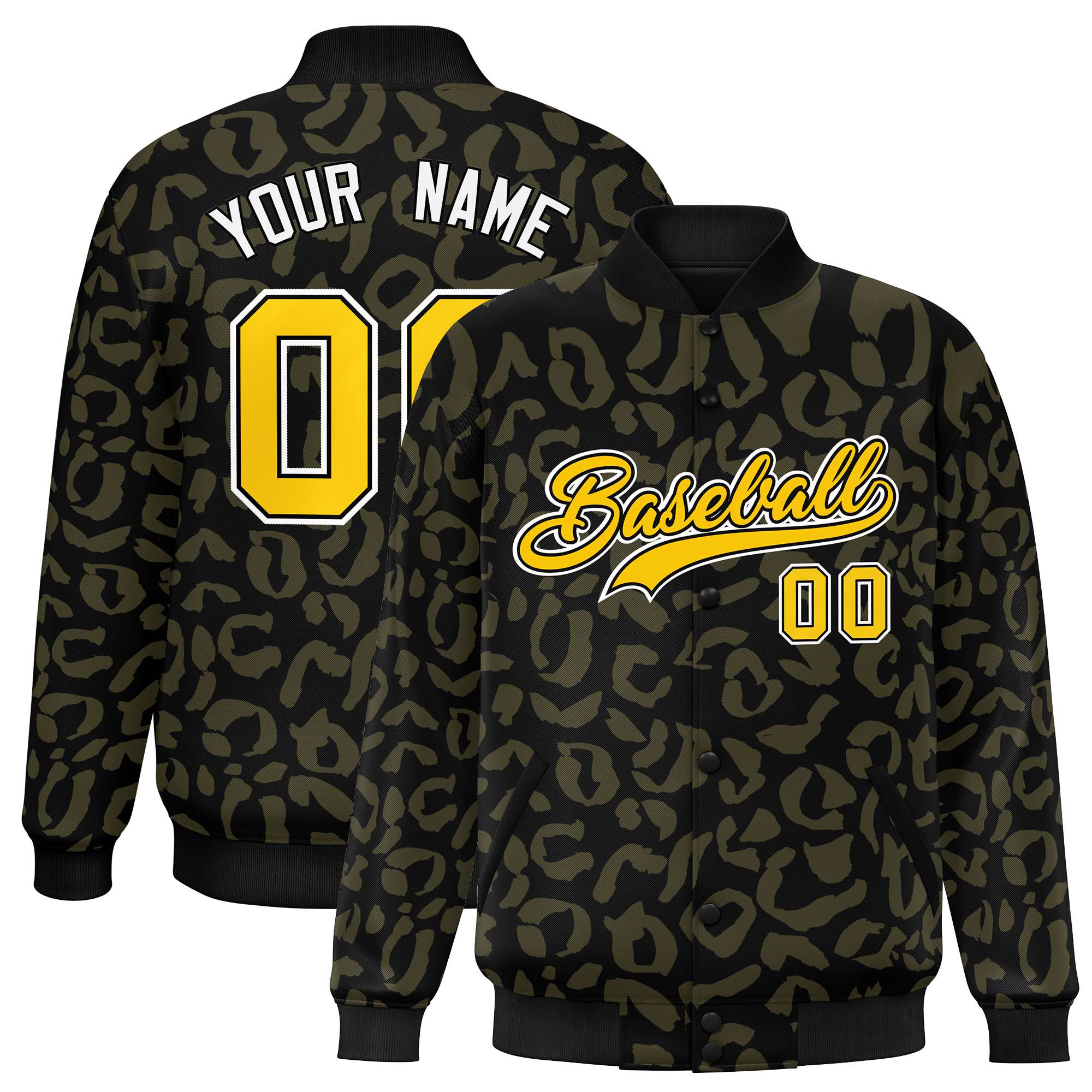 Custom Black Olive Varsity Full-Snap Leopard Print Graffiti Pattern Letterman Baseball Jacket